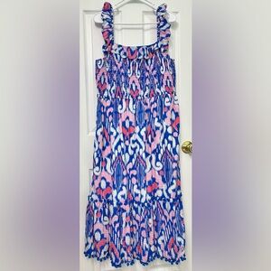 Crown & Ivy Vibrant Blue and Pink Patterned Midi Dress